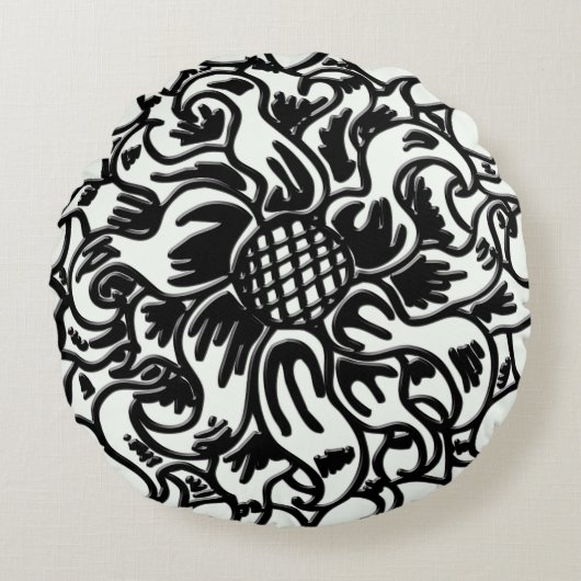 白黒はっきりしたフローラアート16 x 16 ラウンドクッション (正面)