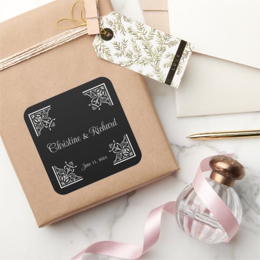 白黒はっきりしたヴィンテージ結婚式 スクエアシール (ギフト)