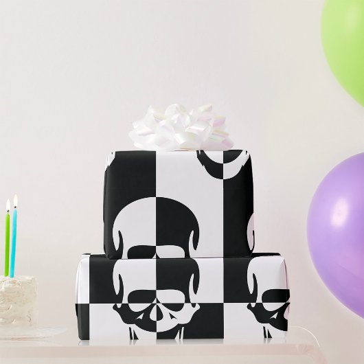 白黒はっきりした光学錯覚スカルデザイン ラッピングペーパー