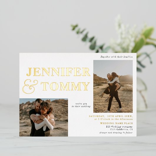 白黒はっきりした名金ゴールド3結婚枚 箔招待状 (立ち正面)