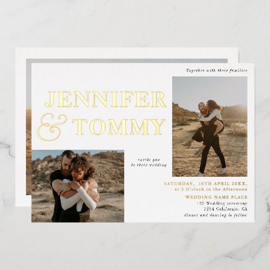 白黒はっきりした名金ゴールド3結婚枚 箔招待状 (正面/裏面)