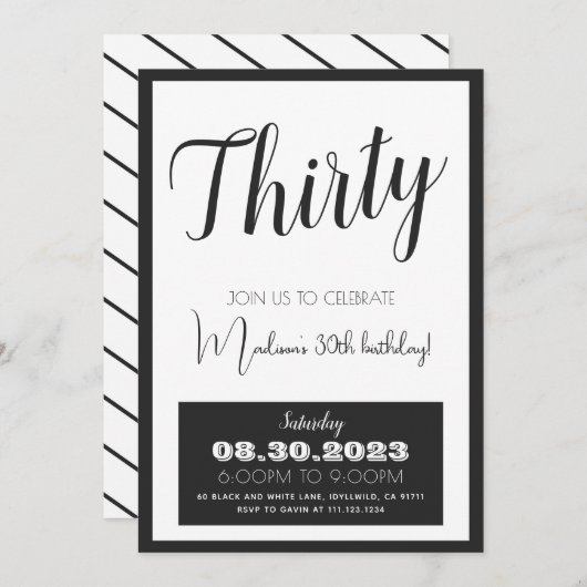 白黒はっきりした30歳の誕生日招待状任意の年齢 招待状 (正面/裏面)