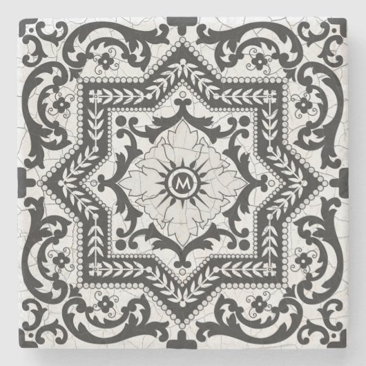 白黒ひび割れセラミックスタイルアズレジョ ストーンコースター (正面)