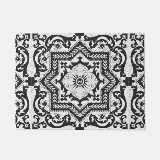 白黒ひび割れセラミックスタイルアズレジョ ドアマット (正面)