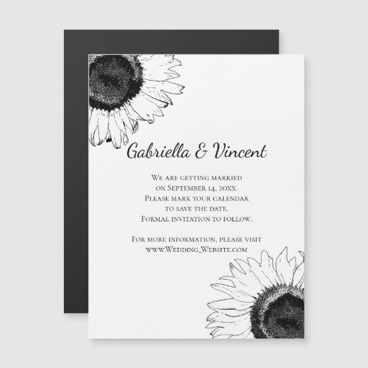 白黒ひまわりウエディングデートを保存 マグネット招待状 (正面/裏面)