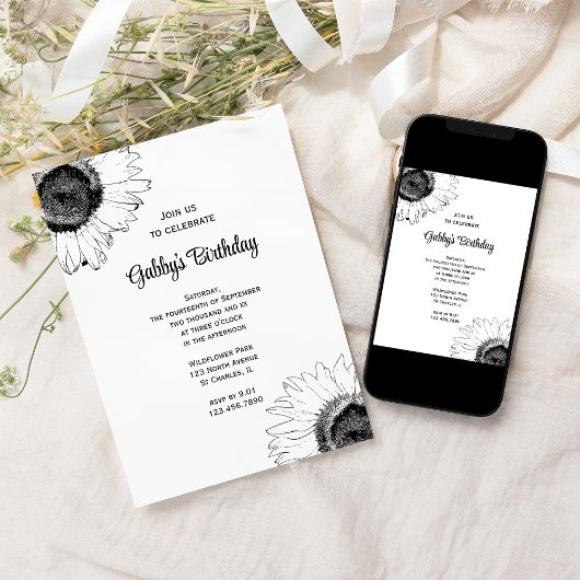 白黒ひまわり誕生日パーティー 招待状
