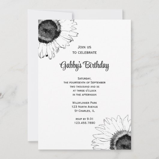 白黒ひまわり誕生日パーティー 招待状 (正面)