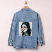 白黒アジアンレディポートレート赤い唇とガラス デニムジャケット (ハンガー)