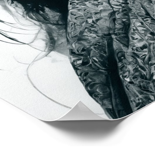 白黒アジアンレディポートレート赤い唇とガラス ポスター (角)