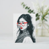 白黒アジアンレディポートレート赤い唇とガラス ポストカード (スタンド正面)