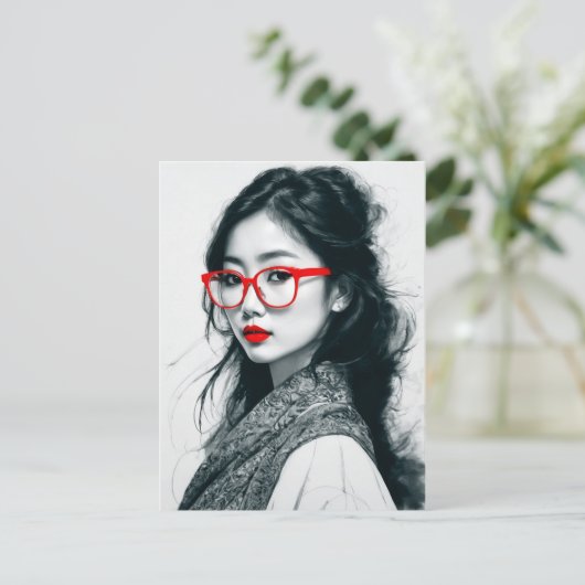 白黒アジアンレディポートレート赤い唇とガラス ポストカード (スタンド正面)