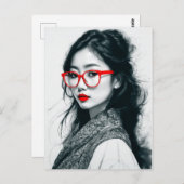白黒アジアンレディポートレート赤い唇とガラス ポストカード (正面/裏面)