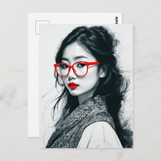 白黒アジアンレディポートレート赤い唇とガラス ポストカード (正面/裏面)