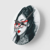 白黒アジアンレディポートレート赤い唇とガラス ラウンド壁時計 (傾斜)