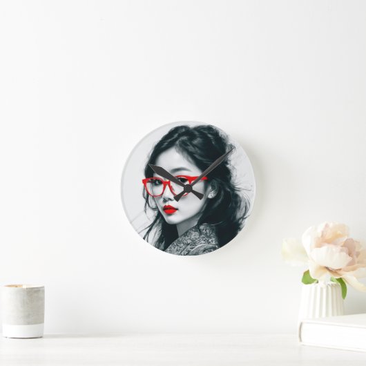 白黒アジアンレディポートレート赤い唇とガラス ラウンド壁時計 (ホーム)