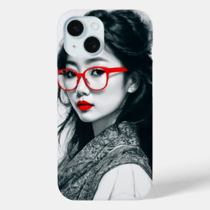 白黒アジアンレディポートレート赤い唇とガラス iPhone 15ケース