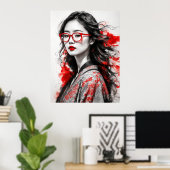 白黒アジア女性女性スケッチ ポスター (ホームオフィス)