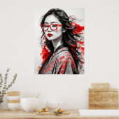 白黒アジア女性女性スケッチ ポスター (キッチン)