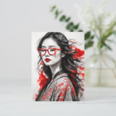 白黒アジア女性女性スケッチ ポストカード (スタンド正面)