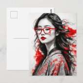 白黒アジア女性女性スケッチ ポストカード (正面/裏面)