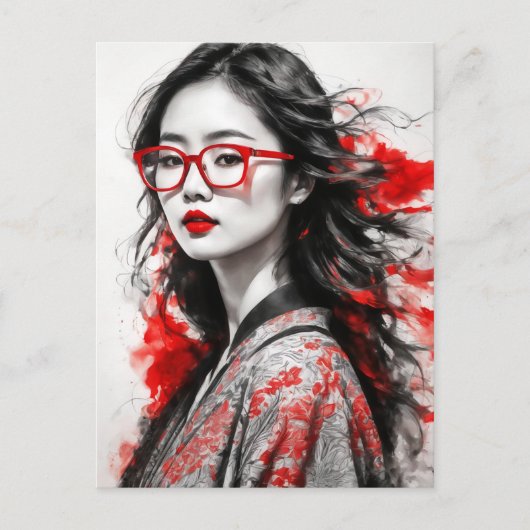 白黒アジア女性女性スケッチ ポストカード (正面)
