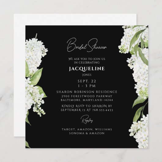 白黒アジダニアスクエアブライダルシャワー 招待状 (正面/裏面)