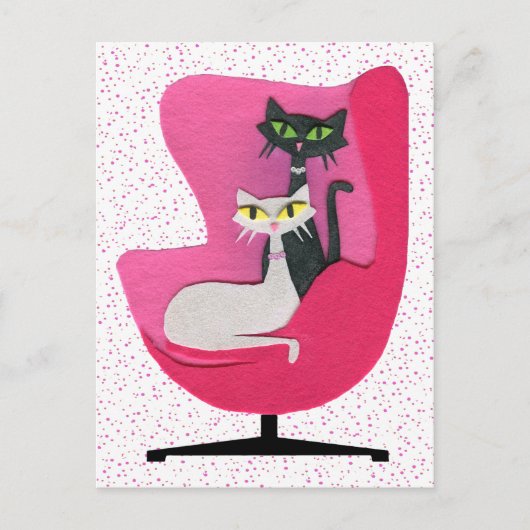 白黒アトミック猫ピンクチェア水玉模様 ポストカード (正面)