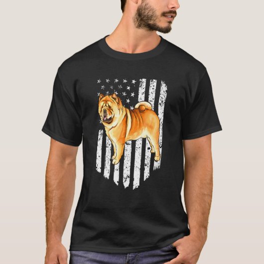 白黒アメリカ国旗チャウチャウ7月4日 Tシャツ (正面)