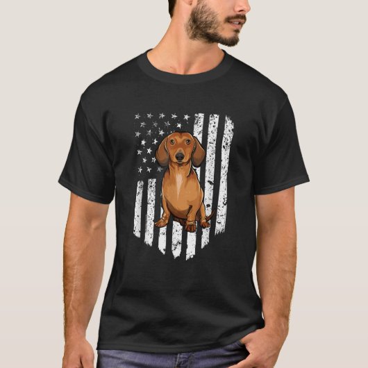 白黒アメリカ国旗Brown Dachshund 4Th Of J Tシャツ (正面)