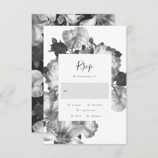 白黒アンティークヴィンテージ結婚フローラ 出欠カード (正面/裏面)