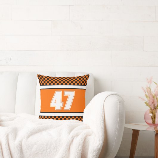 白黒アンドオレンジチェックスクエアスポーツ クッション (ソファ)