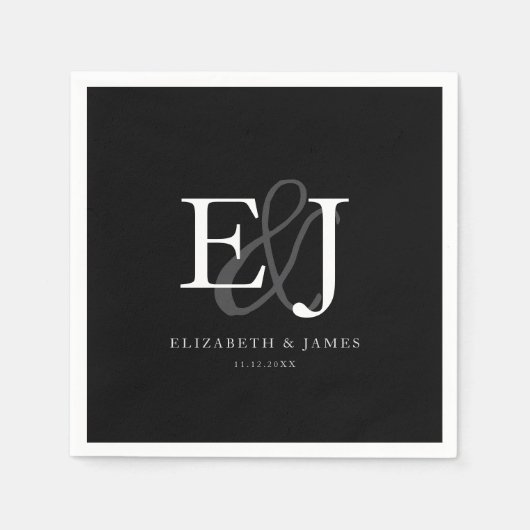白黒アンパサンドエレガントモノグラム結婚ズ スタンダードカクテルナプキン (正面)
