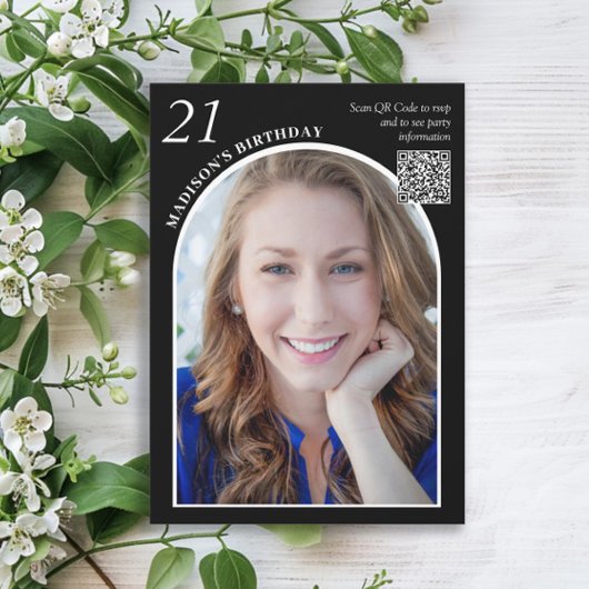 白黒アーチフォトQRコード21歳の誕生日 招待状