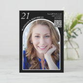 白黒アーチフォトQRコード21歳の誕生日 招待状 (スタンド正面)