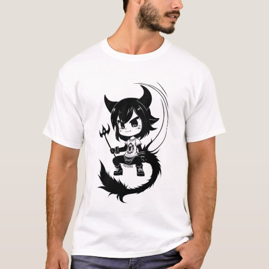 白黒アートの若い悪魔の女の子 | AI Art Tシャツ (正面)