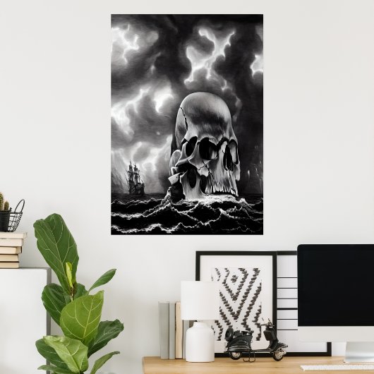 白黒アートスカル島 | AIアートポスター ポスター (ホームオフィス)