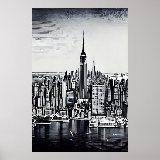 白黒アートニューヨークシティ | AIアートポスター ポスター (正面)