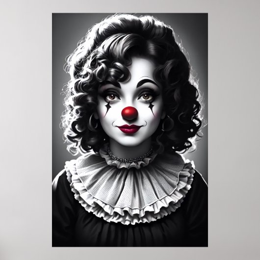 白黒アート女性ピエロ | AIアートポスター ポスター (正面)
