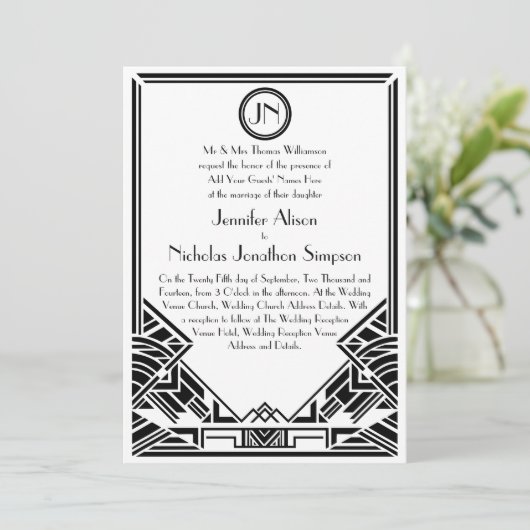 白黒アールデコのGatsbyの結婚式の招待 招待状 (スタンド正面)