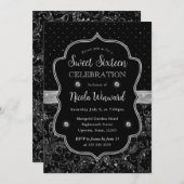 白黒アールデコグリッターSweet sixteen 招待状 (正面/裏面)
