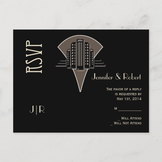 白黒アールデコタワーRSVPポストカード インビテーションポストカード (正面)