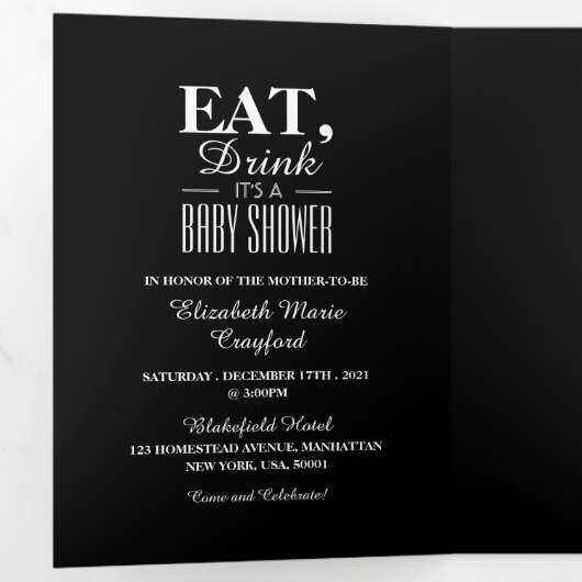 白黒アールデコドリンク食べベビーシャワースイート 三つ折り招待状 (内部最初)