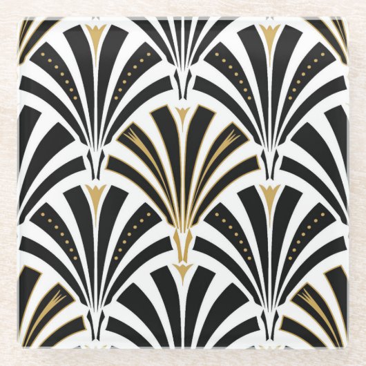 白黒アールデコファンパターン- ガラスコースター (正面)