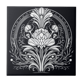 白黒アールデコフローラ装飾 タイル