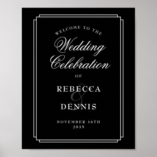 白黒アールデコ結婚の歓迎サイン ポスター (正面)