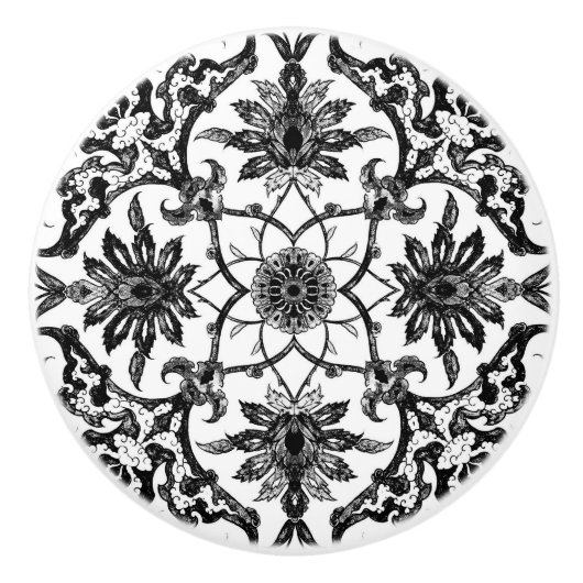 白黒アールヌーボーの中国のなパターン- セラミックノブ (正面)