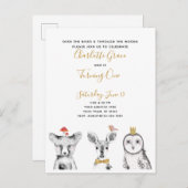 白黒イエロースクリプトウッドランド誕生日パーティー インビテーションポストカード (正面/裏面)