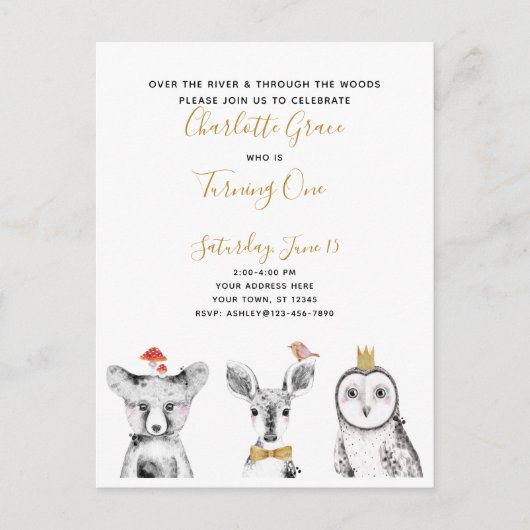 白黒イエロースクリプトウッドランド誕生日パーティー インビテーションポストカード (正面)