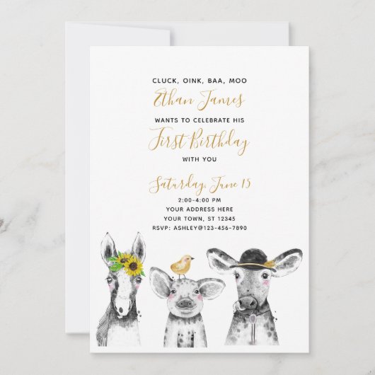 白黒イエロースクリプトファーム1st誕生日パーティー 招待状 (正面)