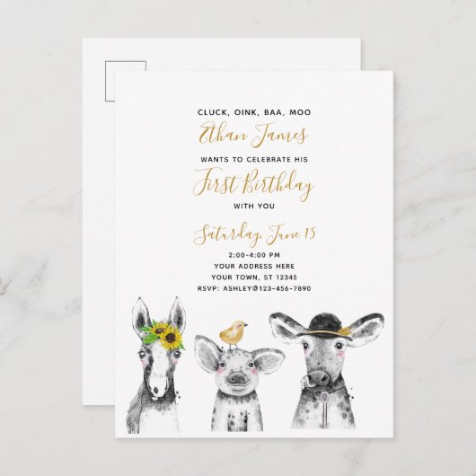 白黒イエロースクリプトファーム1st誕生日 インビテーションポストカード (正面/裏面)